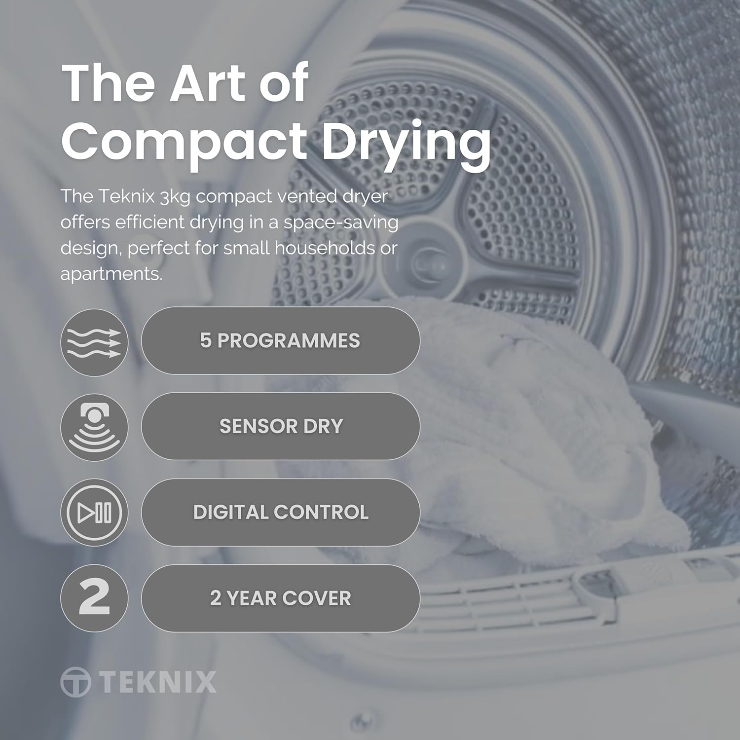 Teknix TK2V3W - White 3KG  Small Compact Vented  Tumble Dryer - C Energy Rating