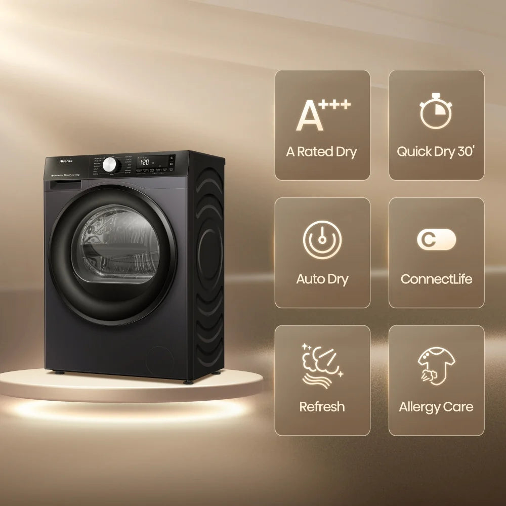 Hisense DH3S802BB3 - Black 8KG Heat Pump Tumble Dryer - A+++ Energy Rating