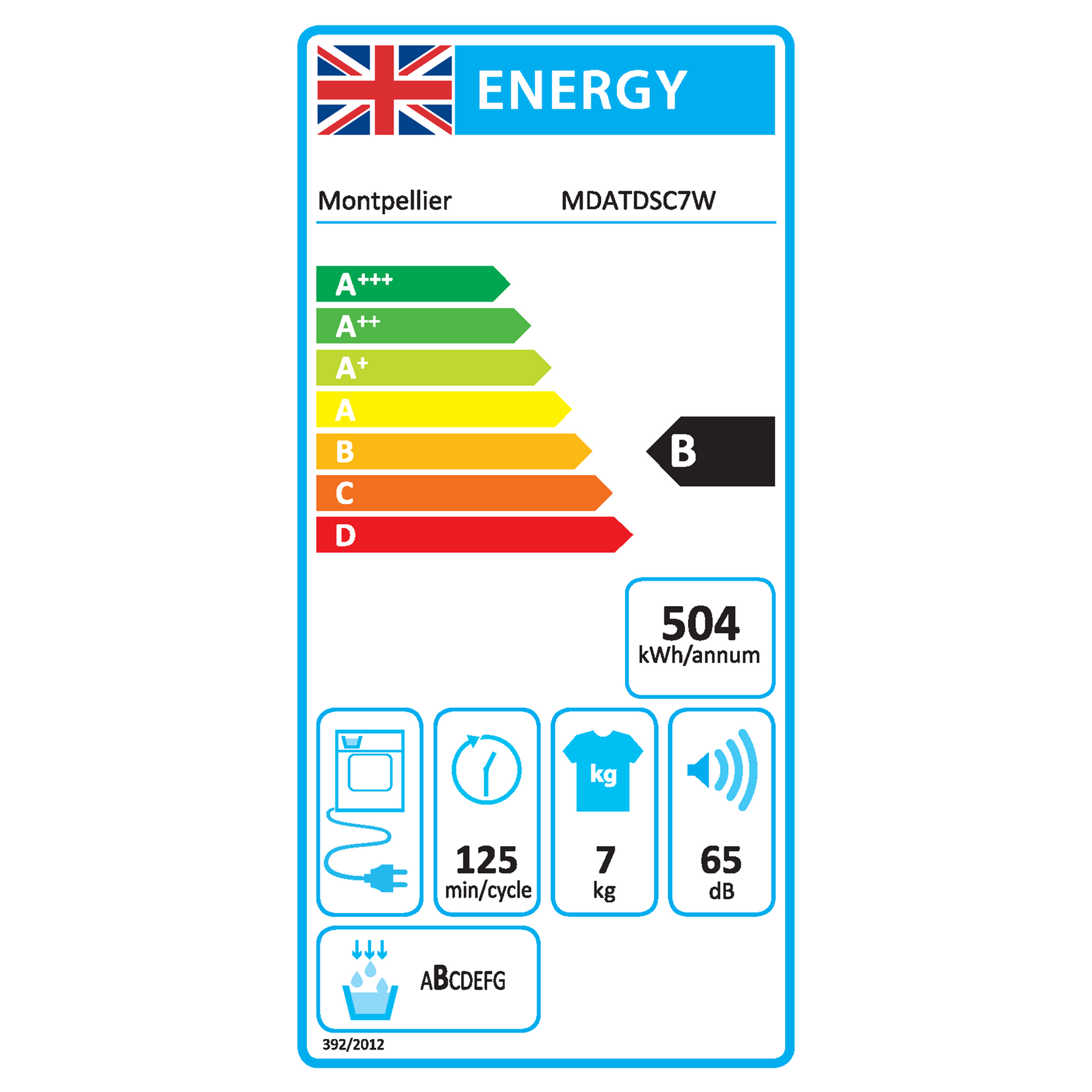 Montpellier MDATDSC7W - White 7KG Tumble Dryer - Condenser - B energy