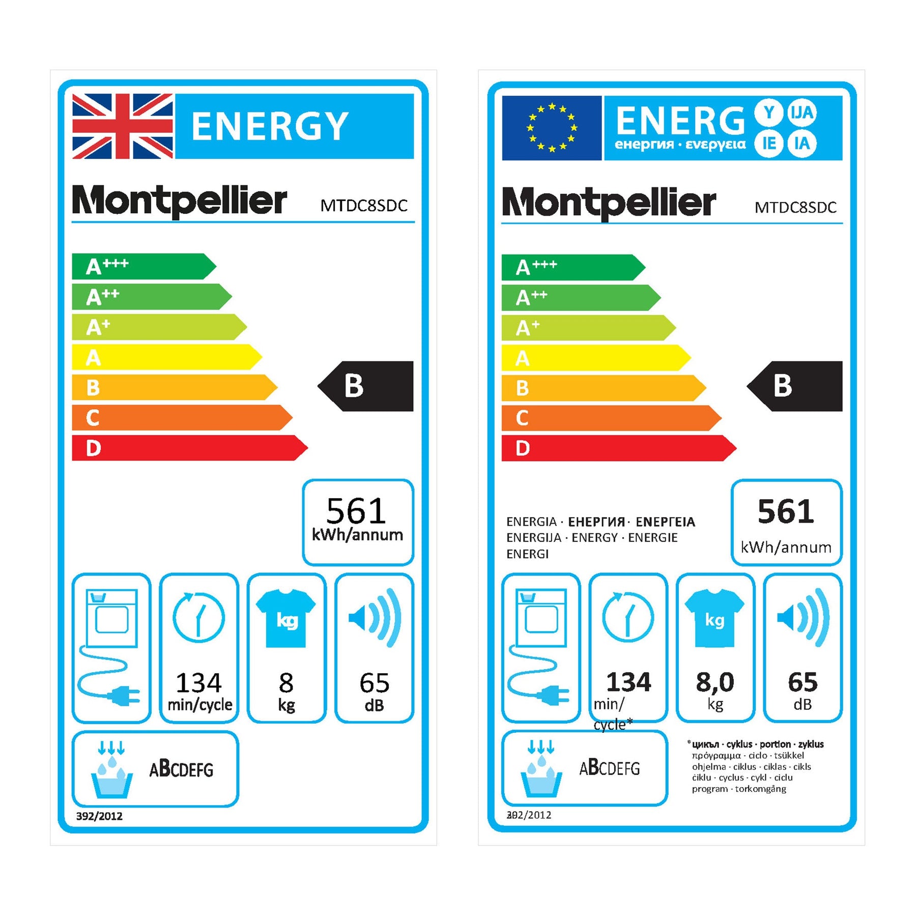 Montpellier MTDC8SDC - Cream 8KG Condenser Tumble Dryer - Sensor Dry - B energy