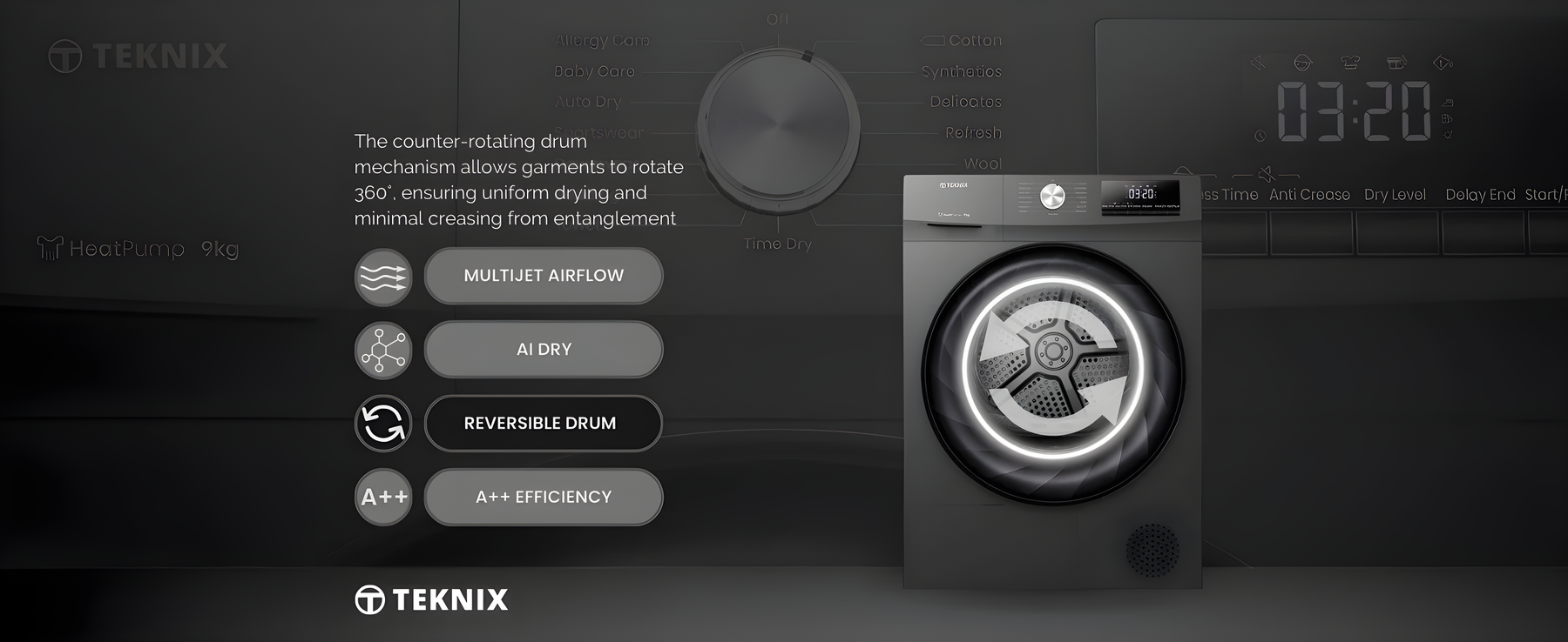 Teknix TK2HP9HS - Titanium 9KG Heat Pump Tumble Dryer - E Energy