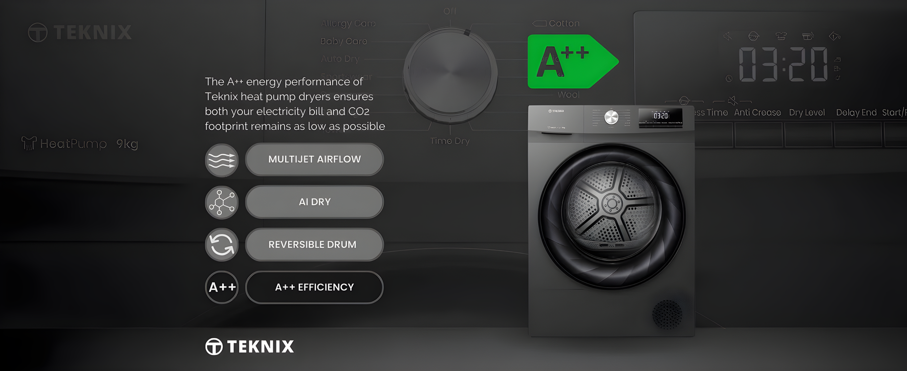 Teknix TK2HP9HS - Titanium 9KG Heat Pump Tumble Dryer - E Energy